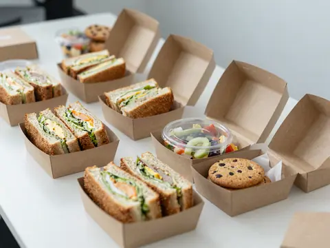 Boxed lunches with sandwiches, side salads and cookies lined up on an office table