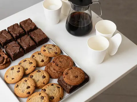 Desserts and coffee catering in foil trays