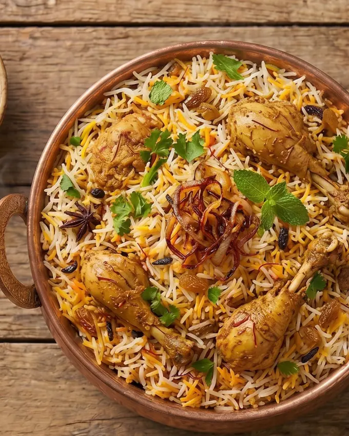 Illustration of a bowl of chicken dum biryani with raita