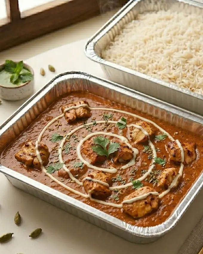 Illustration of chicken tikka masala in a foil tray