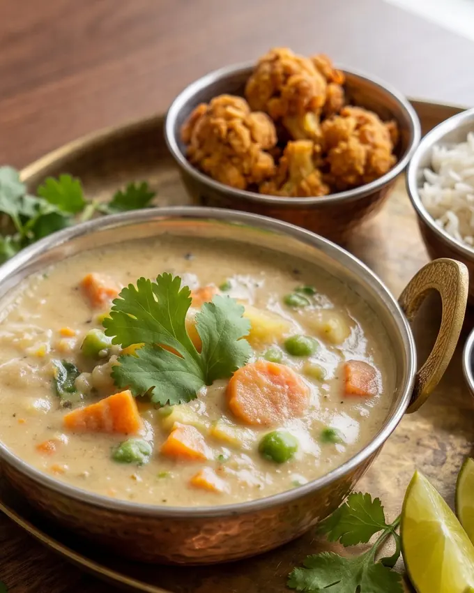 Illustration of a vegan korma thali with rice, daal, a samosa and salad